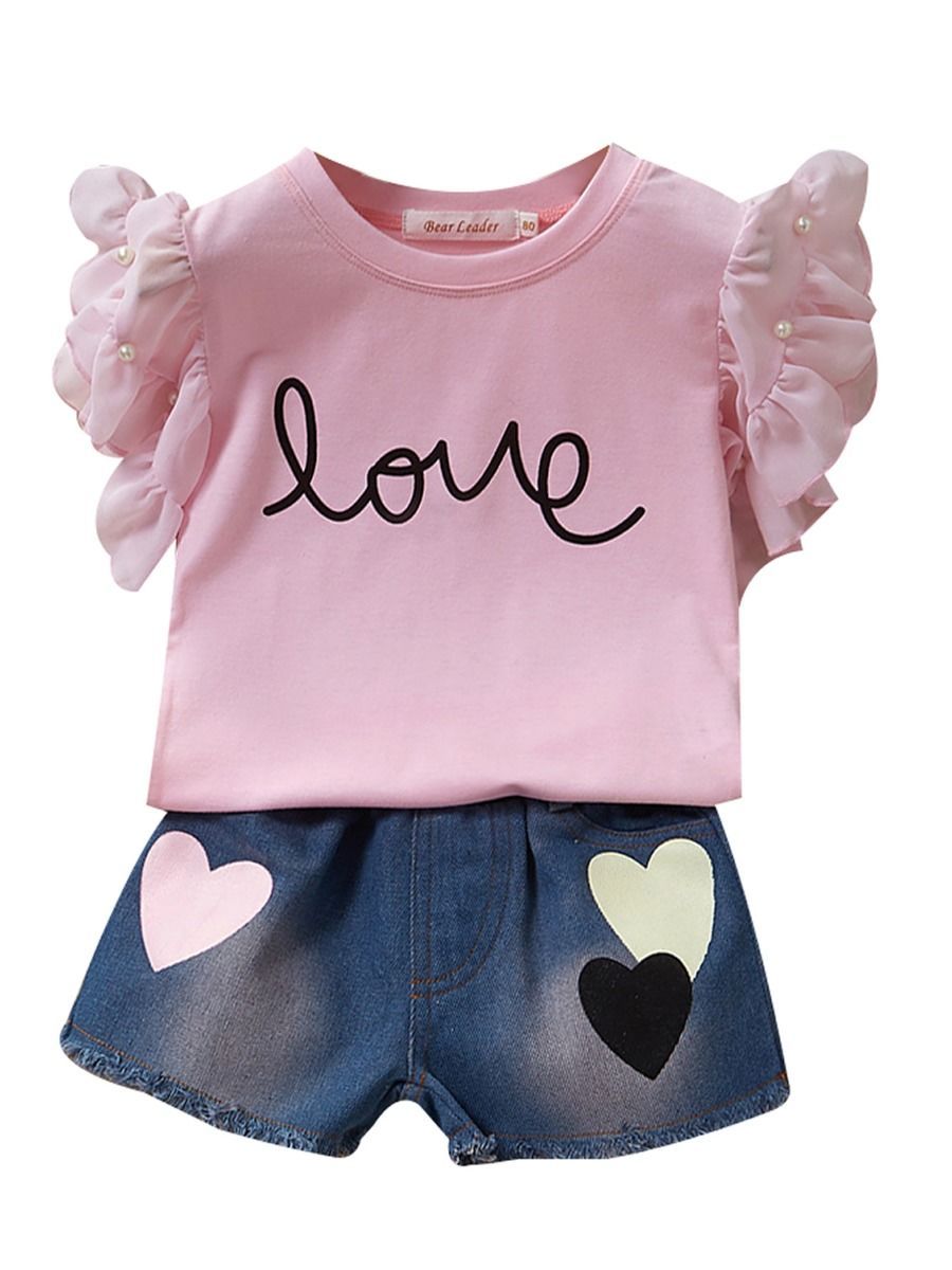 2-Piece Outfit Flutter Sleeve Beaded T-shirt+Love Heart Fringe Hem Short Jeans Little Girl Summer Clothes - dianjiang-