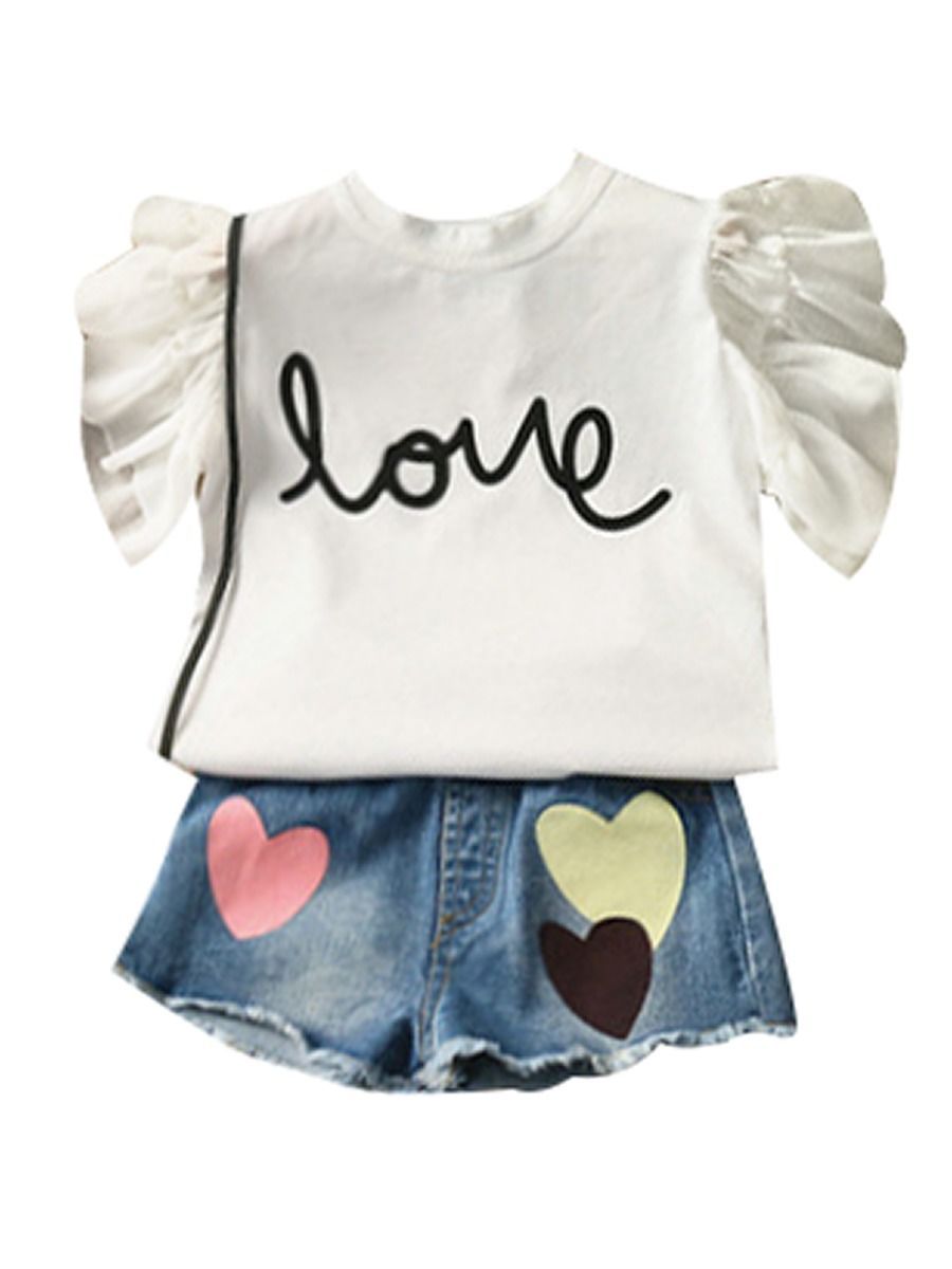 2-Piece Outfit Flutter Sleeve Beaded T-shirt+Love Heart Fringe Hem Short Jeans Little Girl Summer Clothes - dianjiang-