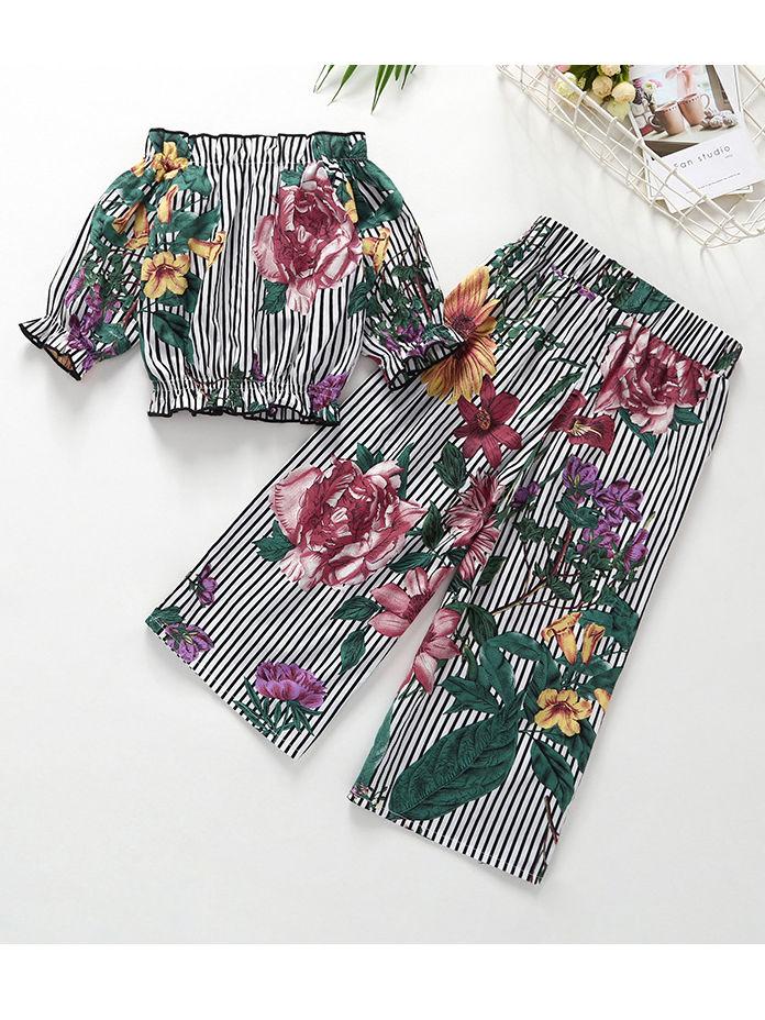 Baby Little Girl Clothing 2-Piece Flower Outfit Set Off Shoulder Top Matching Pants - dianjiang-