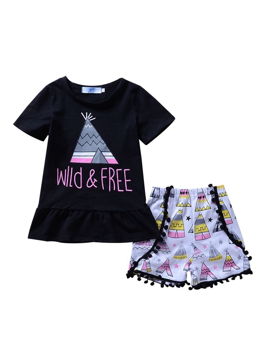 2-Piece Outfit Summer Baby Toddler Girl WILD & FREE Black Ruffle Top Matching Pom Pom Trim Shorts - dianjiang-