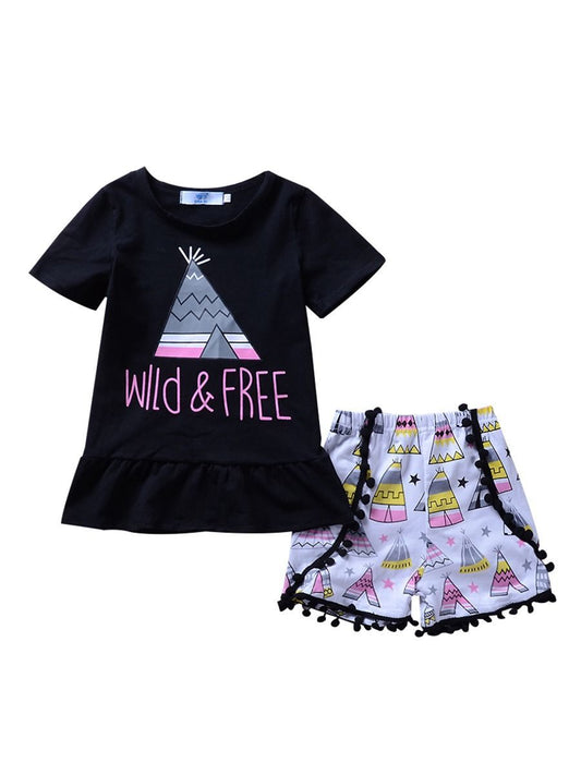 2-Piece Outfit Summer Baby Toddler Girl WILD & FREE Black Ruffle Top Matching Pom Pom Trim Shorts - dianjiang-