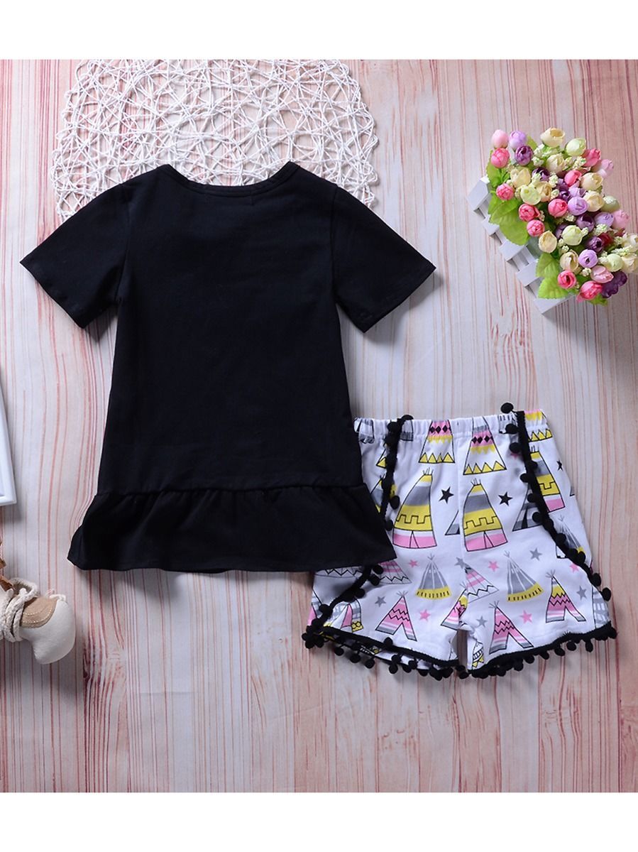 2-Piece Outfit Summer Baby Toddler Girl WILD & FREE Black Ruffle Top Matching Pom Pom Trim Shorts - dianjiang-