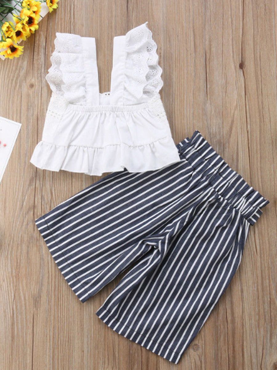 White Frilled Crop Top+Bow Stripe Loose Pants 2-Piece Outfits For Little Baby Girls - dianjiang-