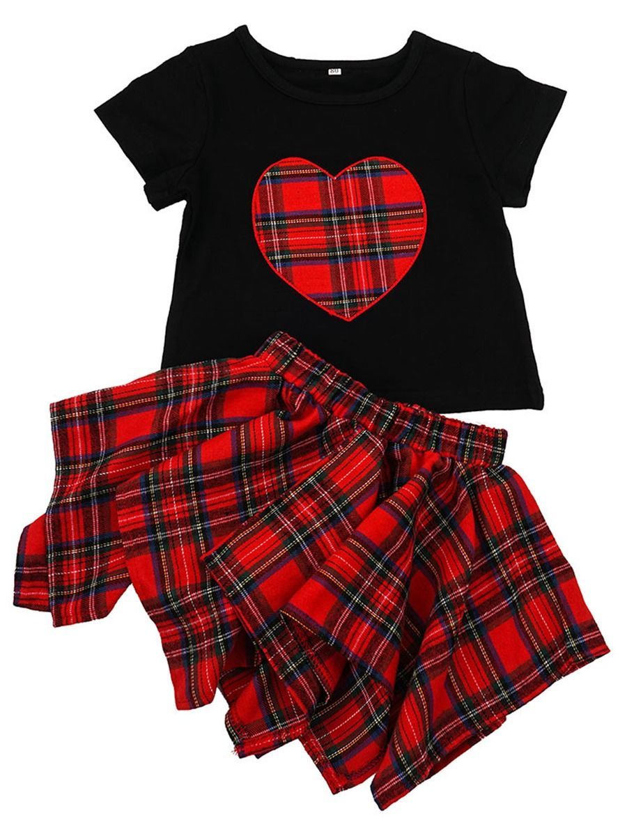2-Piece Outfits Baby Little Girl Love Heart T-shirt+Checked Asymmetrical Hemline Skirt Summer - dianjiang-