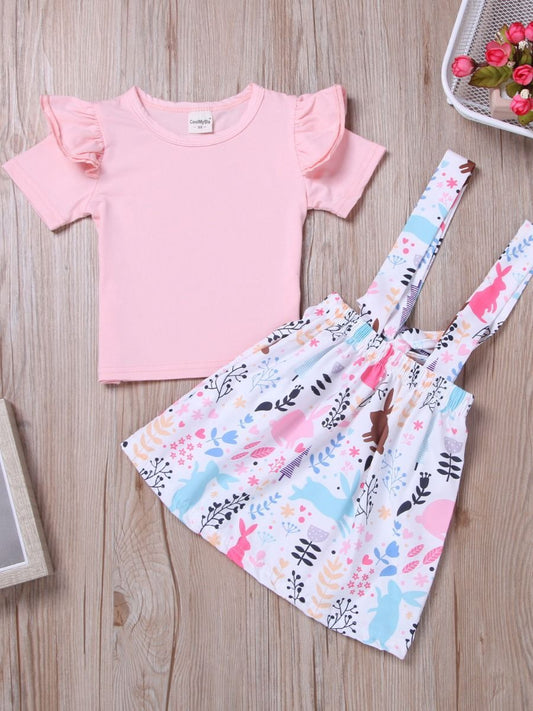 2-Piece Outfits Flutter Sleeve Pink T-shirt+Bunny Jumper Skirt for Toddler Baby Girl - dianjiang-