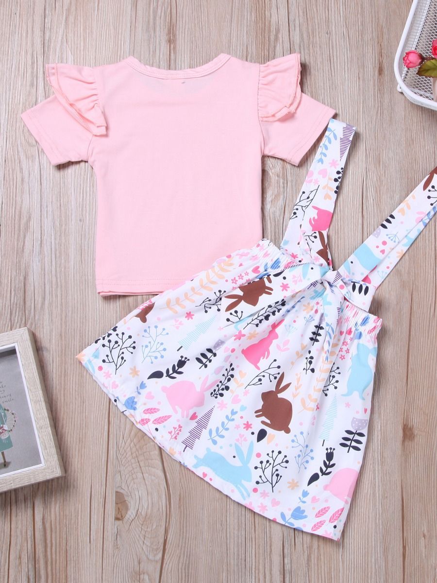 2-Piece Outfits Flutter Sleeve Pink T-shirt+Bunny Jumper Skirt for Toddler Baby Girl - dianjiang-