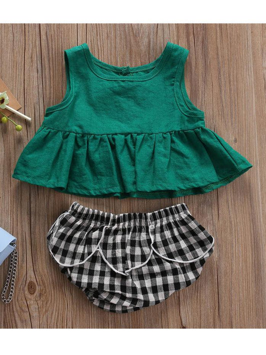 Green Sleeveless Top +Checked PP Pants 2-Piece Set Infant Baby Little Girl - dianjiang-