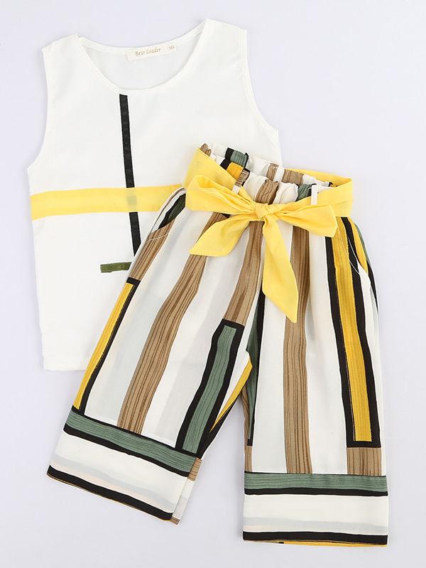 Kids Clothes Outfits Tank Top+Bow Stripe Pants 2-Piece Style - dianjiang-