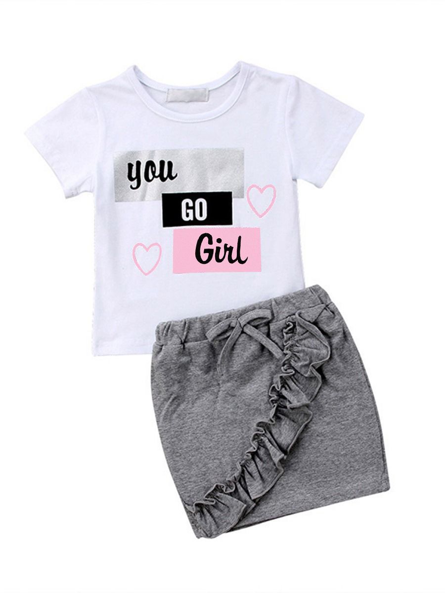2-Piece Children's Outfit Love Heart T-shirt Matching Ruffle Skirt Summer - dianjiang-