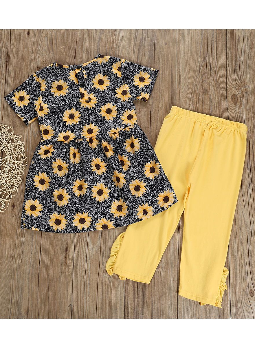 Kids Sunflower Clothing 2-Piece Outfit Dress Top Matching Yellow Ruffle Trousers Summer Wholesale - dianjiang-