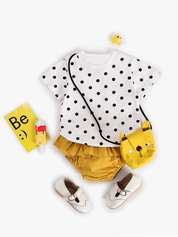 2-piece Baby Suit Dots Print Short-sleeve T-shirt + Yellow Bottom - dianjiang-