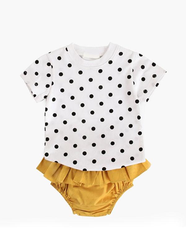 2-piece Baby Suit Dots Print Short-sleeve T-shirt + Yellow Bottom - dianjiang-