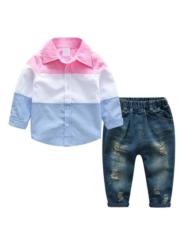 2-piece Color Block Shirt Jeans Outfits Set Long-sleeve Top Cool Jeans for Toddlers Boys - dianjiang-