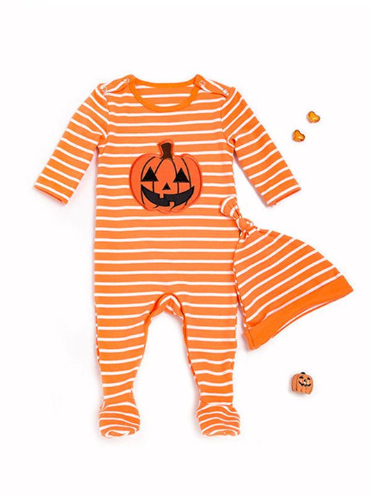 2-piece Halloween Outfit Striped Smile Face Long Sleeve Pumpkin Jumpsuit + Hat - dianjiang-