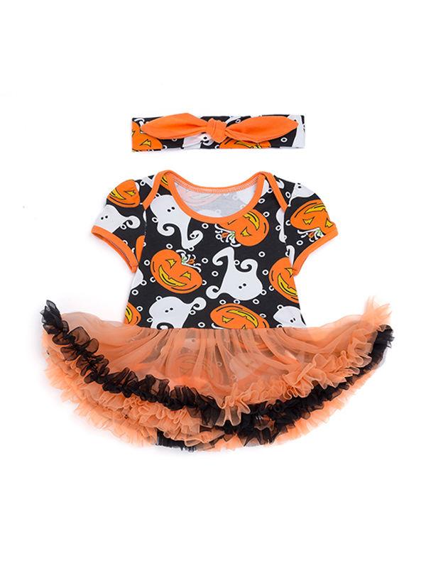 2-piece Halloween Pumpkin Elf Bodysuit Dress+Headband - dianjiang-