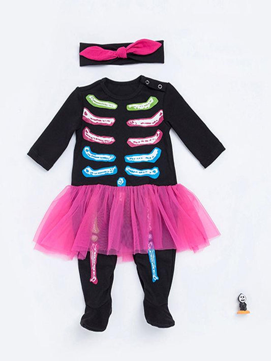 2-piece Halloween Skeleton Dress-like Jumpsuit+Headband Set - dianjiang-