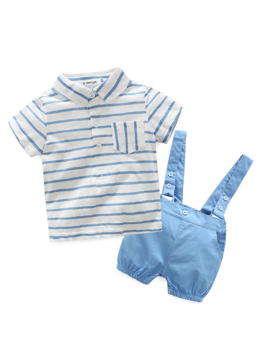 Summer Baby Boy 2-piece Outfits Striped T-shirt +Blue Suspender Shorts - dianjiang-