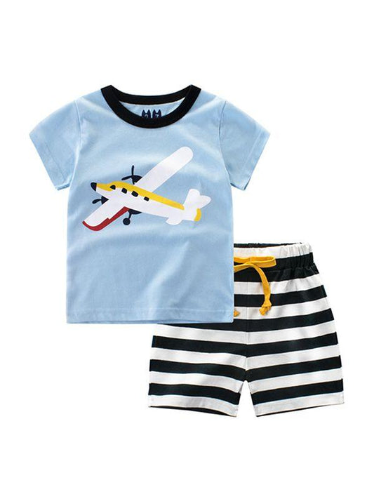 2-piece Print Tee Shorts Set Cotton T-shirt Top Short-sleeve Striped Bottom - dianjiang-