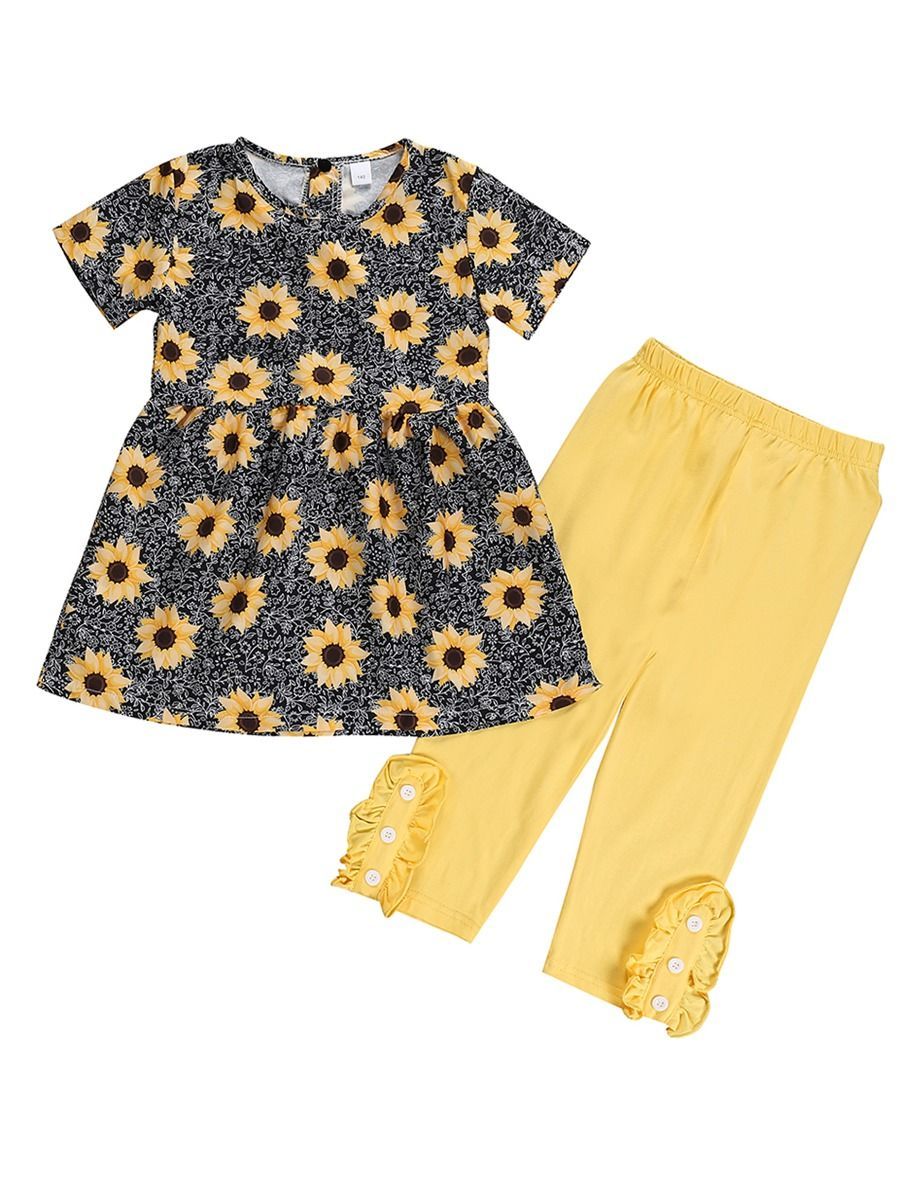 Kids Sunflower Clothing 2-Piece Outfit Dress Top Matching Yellow Ruffle Trousers Summer Wholesale - dianjiang-