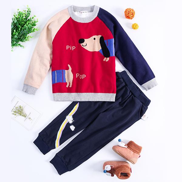 Cute Dog Pattern Color Block Little Boys Knitted Sweater - dianjiang-