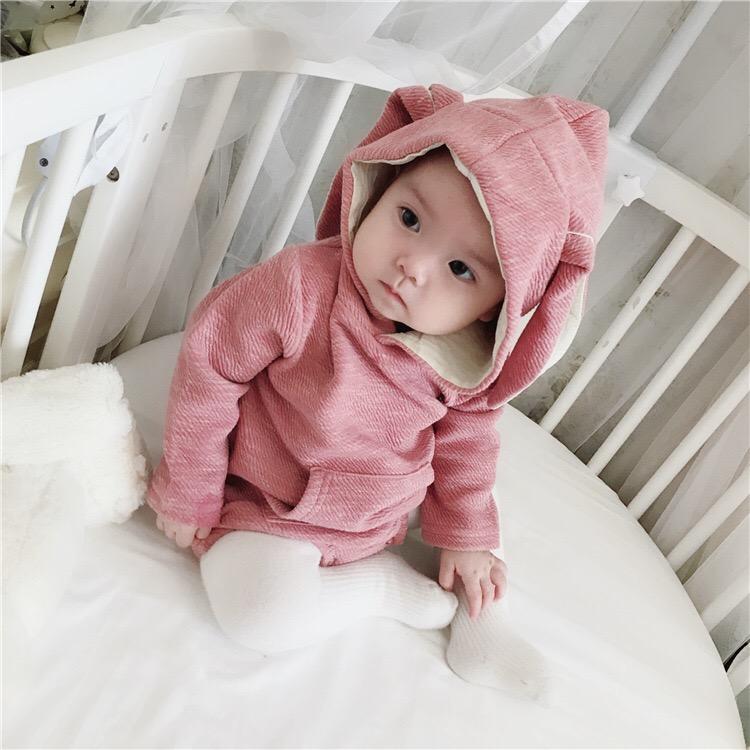 Adorable Baby Bunny Ear Solid Color Hooded Onesie - dianjiang-