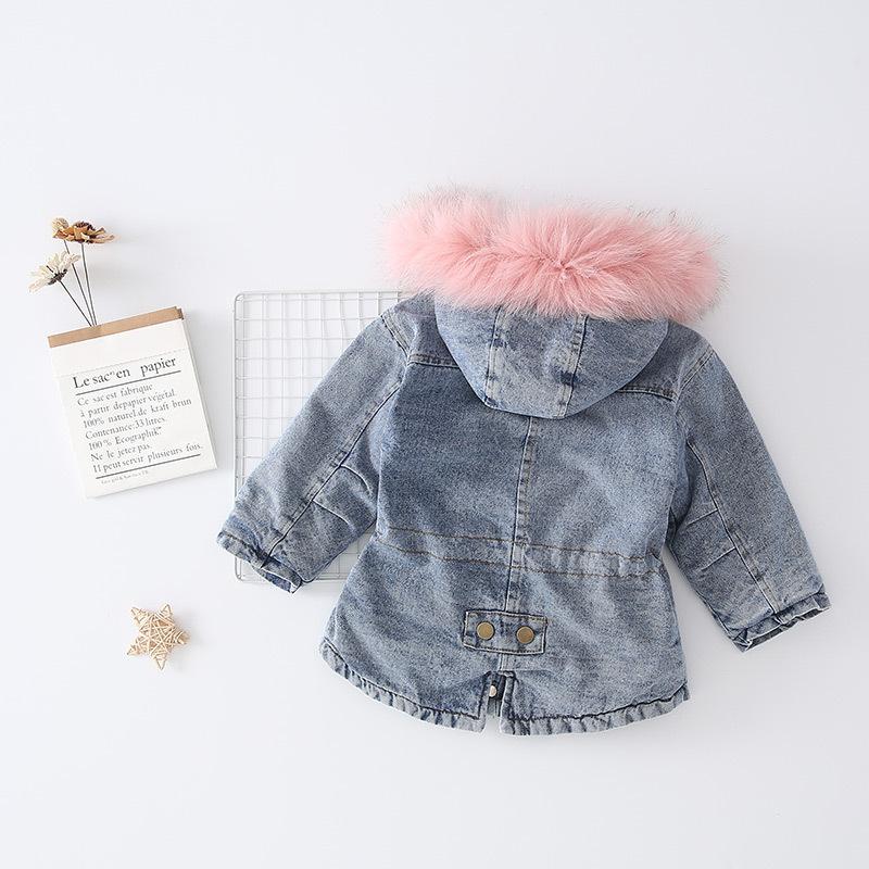 2 Colors Winter Stylish Denim Fur Hooded Winter Coat Jacket Pink and Blue - dianjiang-