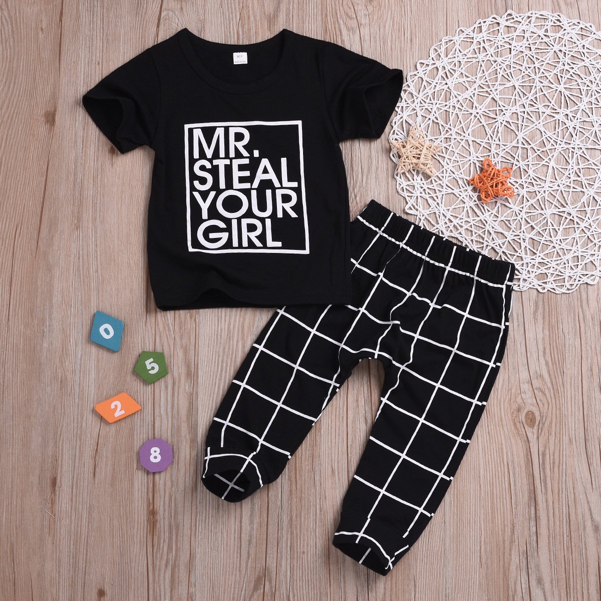 Casaul Clothing Outfits Set Short-sleeved T-shirt+Black Plaid Pants for Spring Summer - dianjiang-