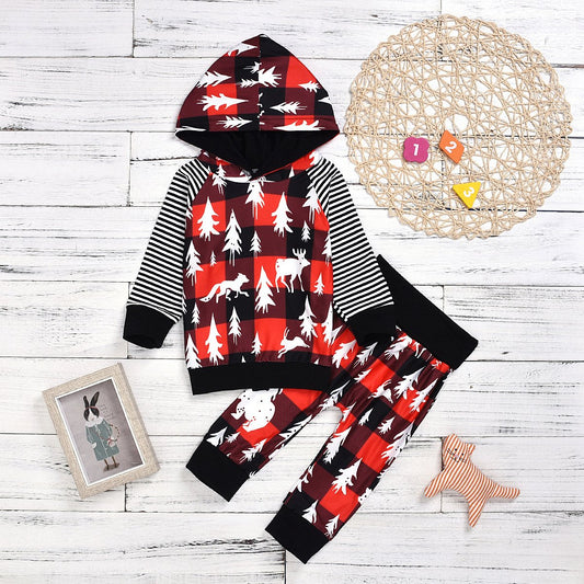 Winter Toddler Unisex Baby 2 Piece Christmas Tree Deer Print Outfit Hoodie and Pants - dianjiang-