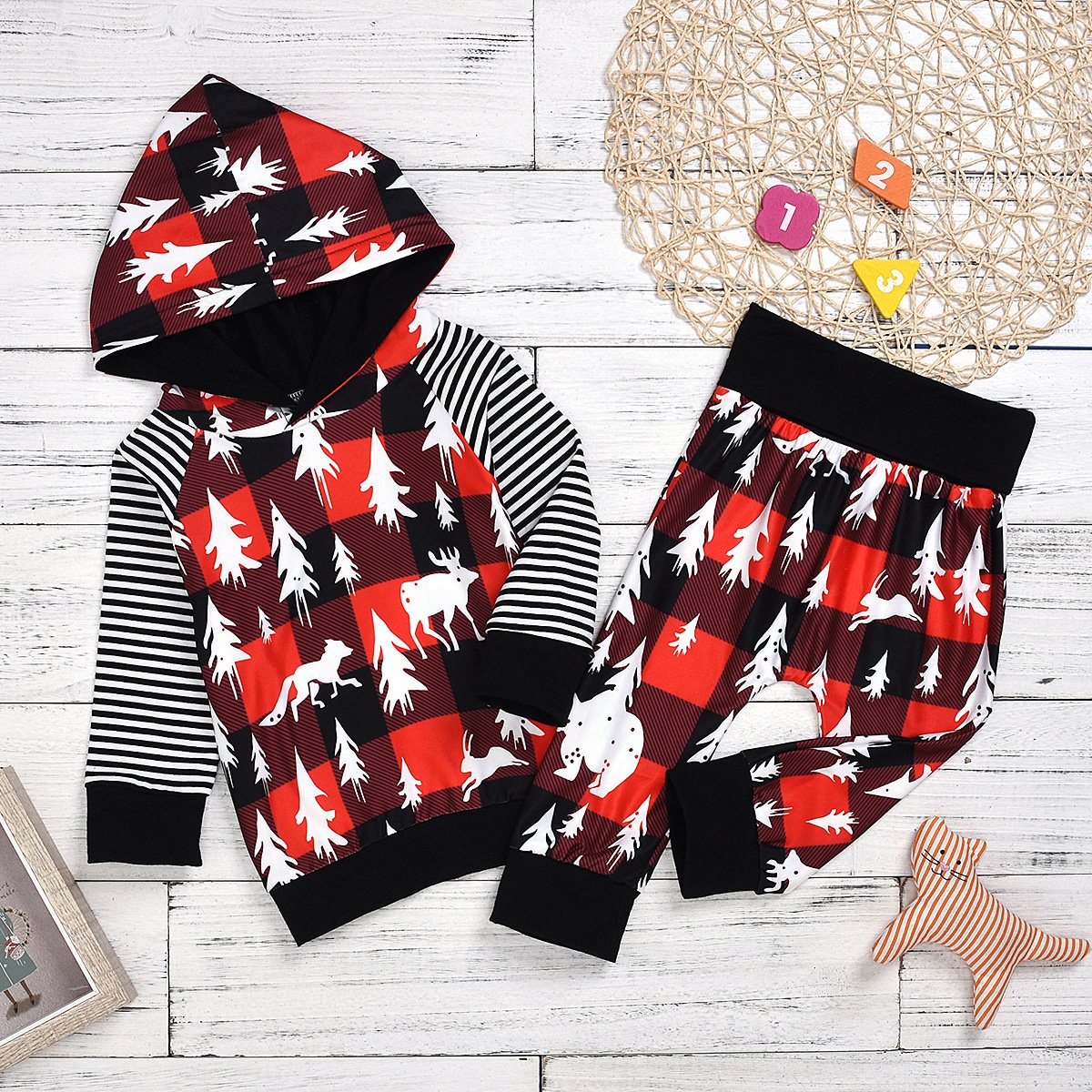 Winter Toddler Unisex Baby 2 Piece Christmas Tree Deer Print Outfit Hoodie and Pants - dianjiang-