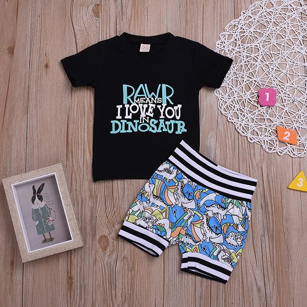 Baby Little Boy Clothes RAWR Means I LOVE YOU IN DINOSAUR T-shirt+Printed Shorts 2-Piece Outfits - dianjiang-