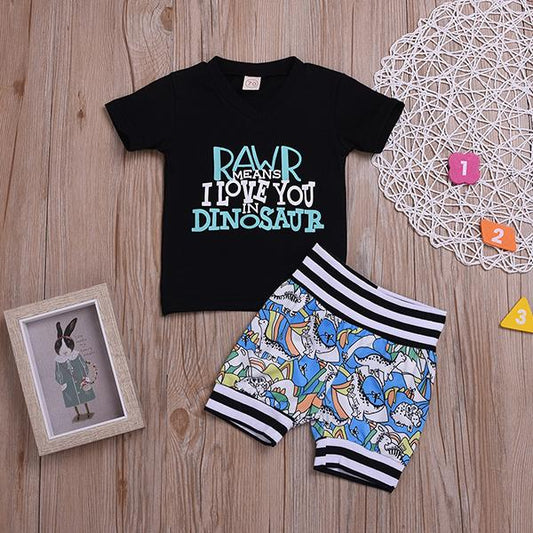 Baby Little Boy Clothes RAWR Means I LOVE YOU IN DINOSAUR T-shirt+Printed Shorts 2-Piece Outfits - dianjiang-