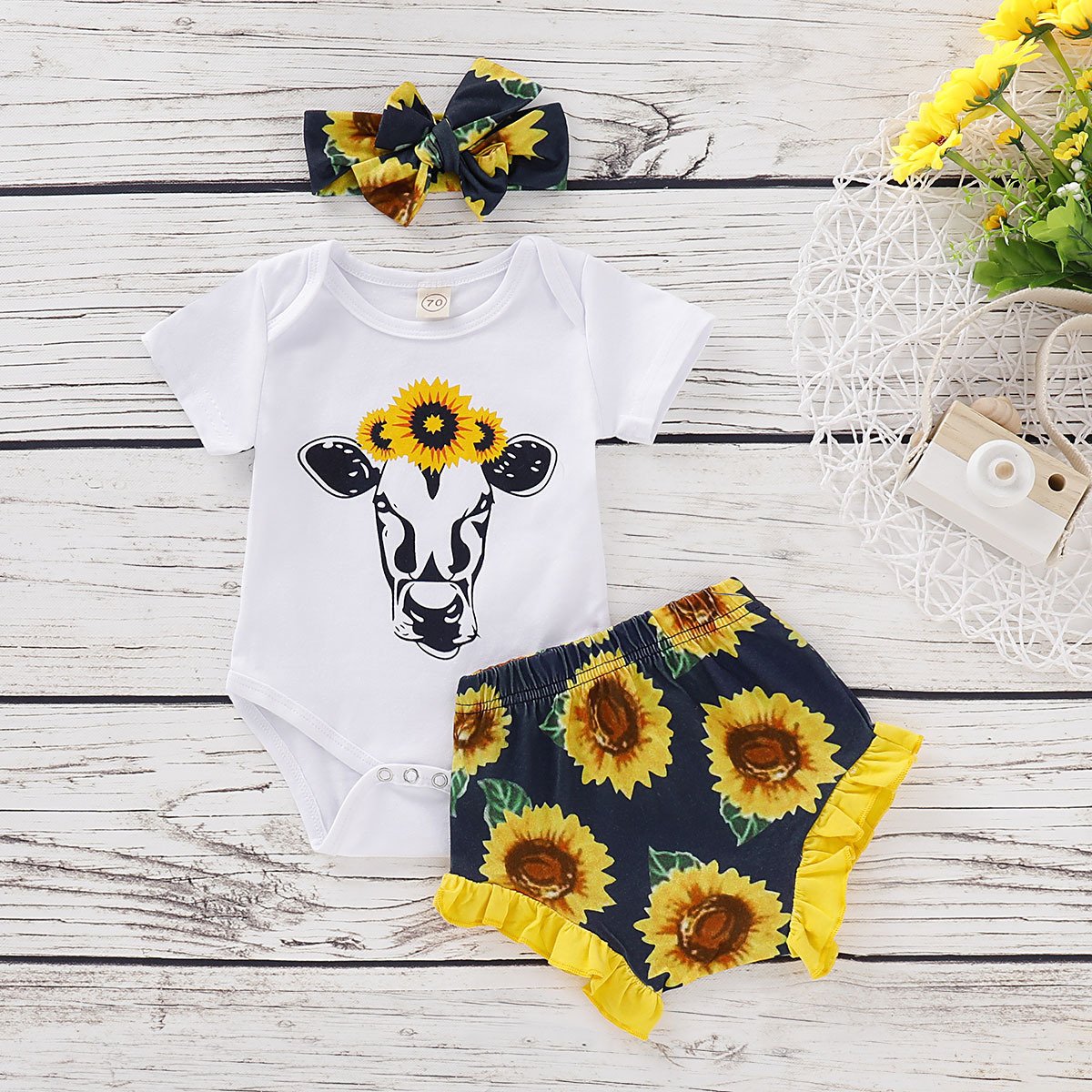 2-Piece Outfits Baby Cow Bodysuit Matching Frilled Sunflower Shorts - dianjiang-