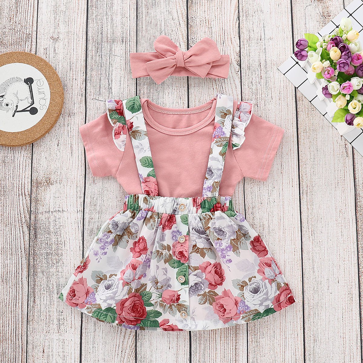 Baby Girl Summer 3-piece Outfits Flutter Sleeve Bodysuit+ Jumper Skirt +Pink Headband - dianjiang-