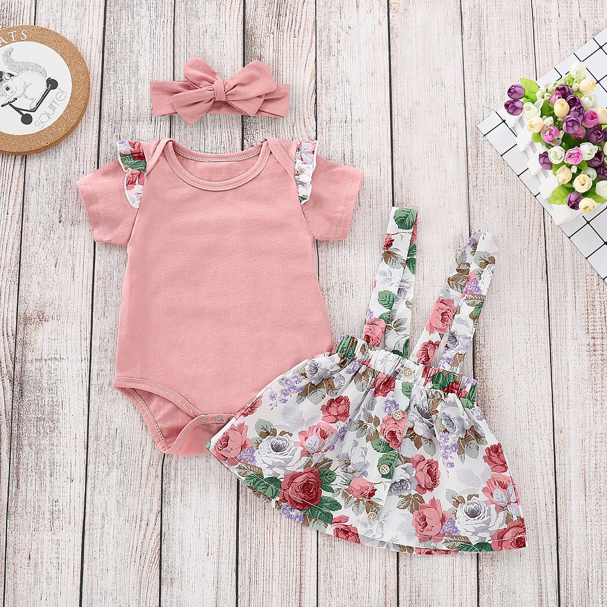 Baby Girl Summer 3-piece Outfits Flutter Sleeve Bodysuit+ Jumper Skirt +Pink Headband - dianjiang-