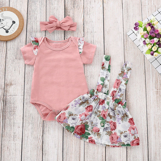 Baby Girl Summer 3-piece Outfits Flutter Sleeve Bodysuit+ Jumper Skirt +Pink Headband - dianjiang-