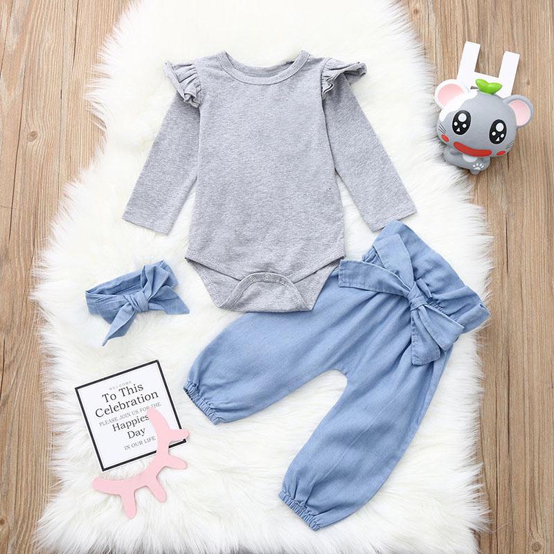 3-piece Casual Clothes Set Flutter Sleeve Grey Bodysuit and Big Bow Blue Pants and Headband - dianjiang-