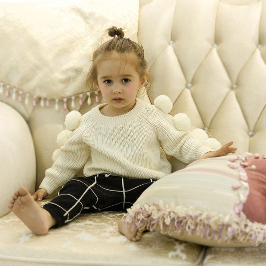 Cute Pom-pom Decor White Knitted Jumper - dianjiang-