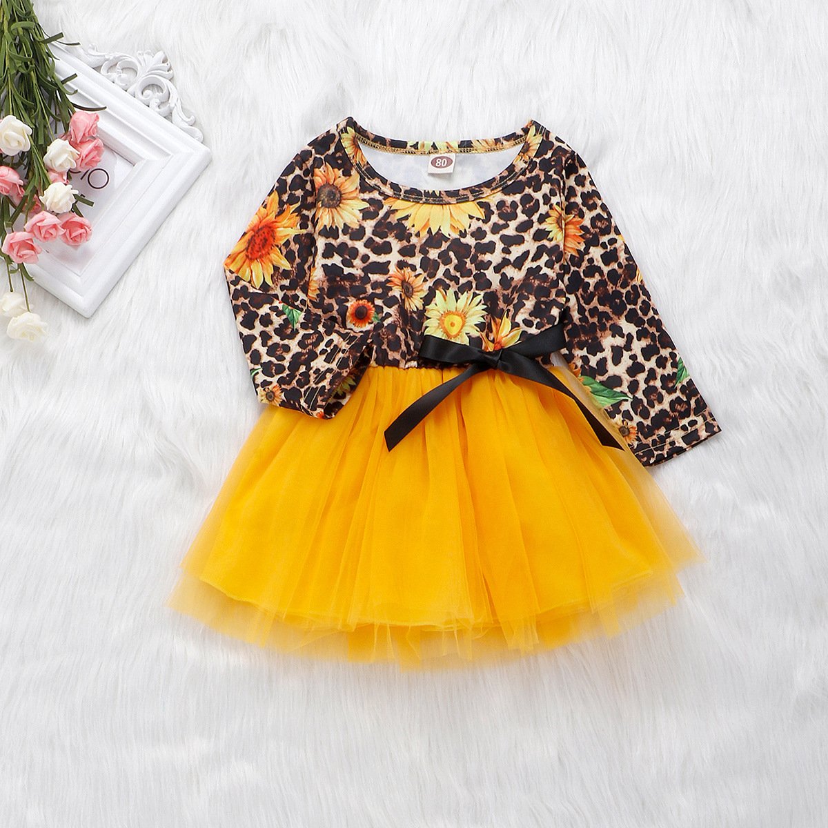 Fashion Girl Sunflower Leopard Print Mesh Patchwork Dress - dianjiang-