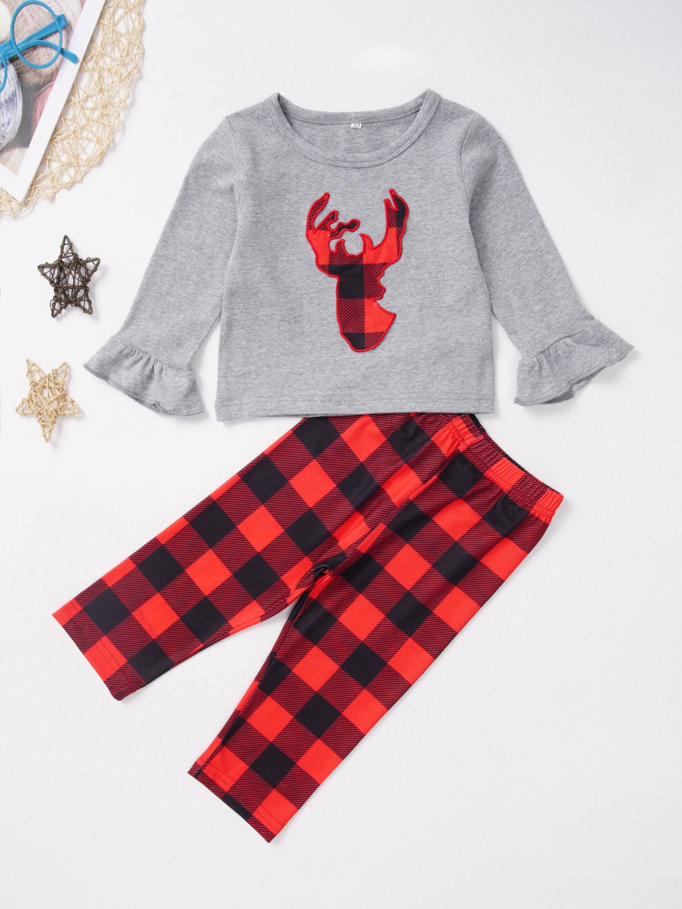 Xmas Baby Toddler Girl 2-Piece Set Deer Frilled T-shirt & Checked Pants - dianjiang-