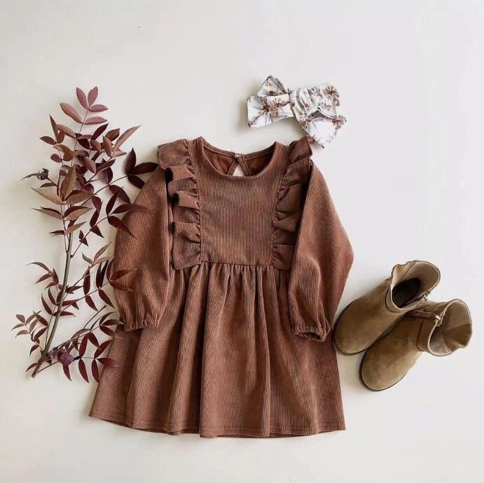 Spring Baby Toddler Girl Solid Color Flutter Corduroy Dress - dianjiang-