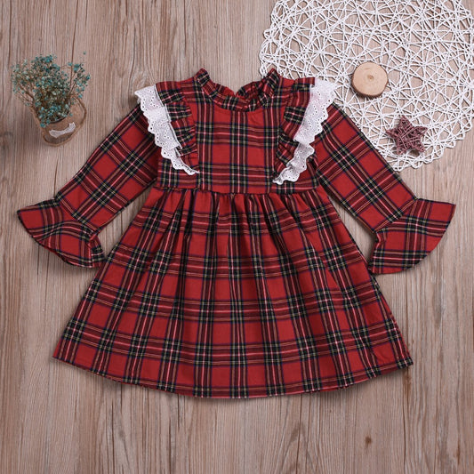 British Style Ruffled Sleeve Plaid Long-sleeved Dress - dianjiang-