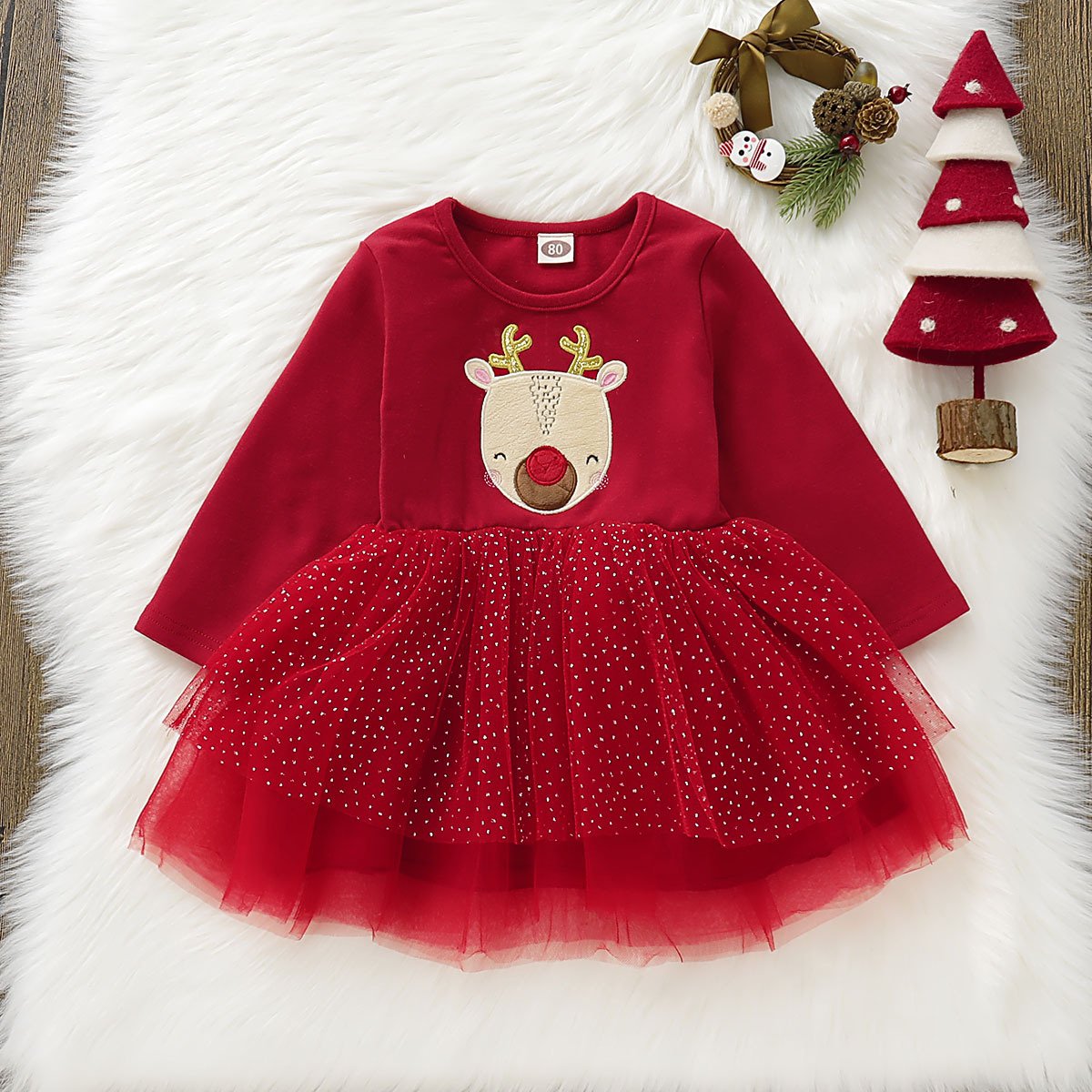 Cute Reindeer Tulle Double Layer Patchwork Christmas Red Dress - dianjiang-