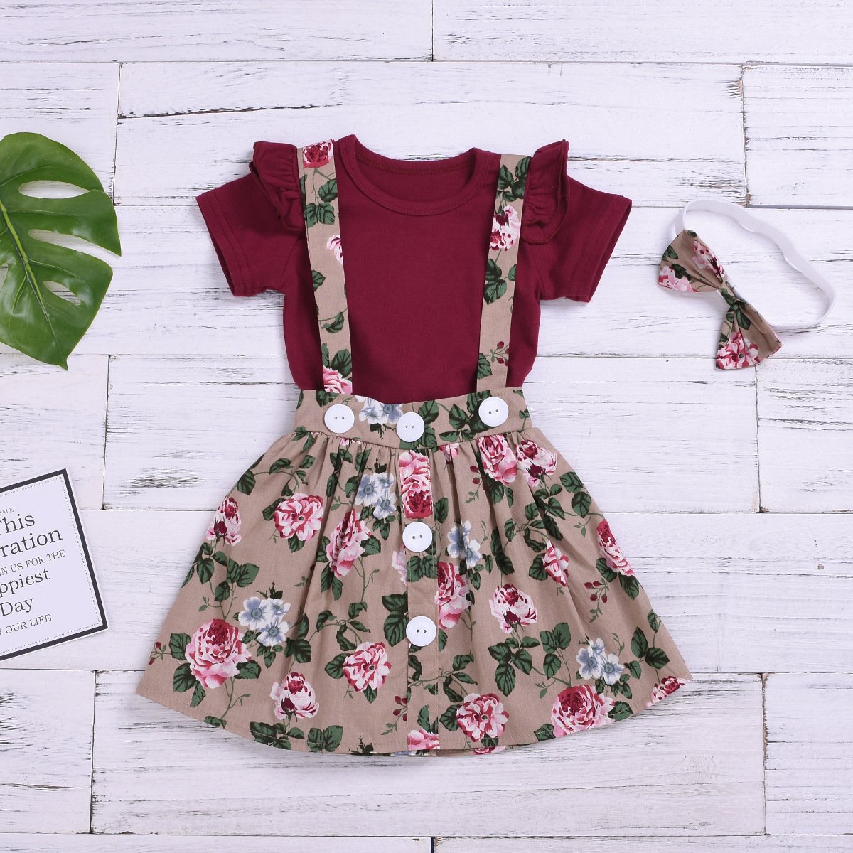 Fashion Baby 3-Piece Outfits Flutter Sleeve Bodysuit+Flower Skirt+Headband - dianjiang-