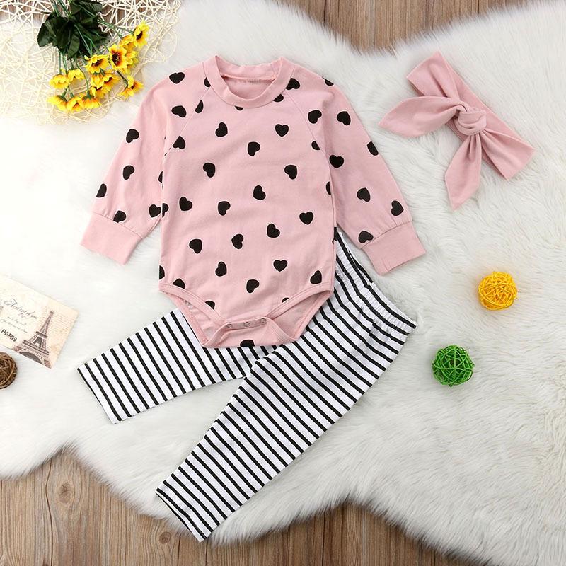 Baby Girls Bodysuit Clothing Outfits Set Love Heart Bodysuit+Striped Pants+Pink Bowknot Headband - dianjiang-