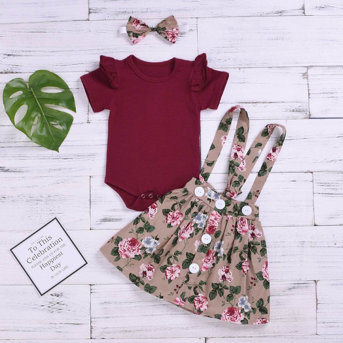 Fashion Baby 3-Piece Outfits Flutter Sleeve Bodysuit+Flower Skirt+Headband - dianjiang-