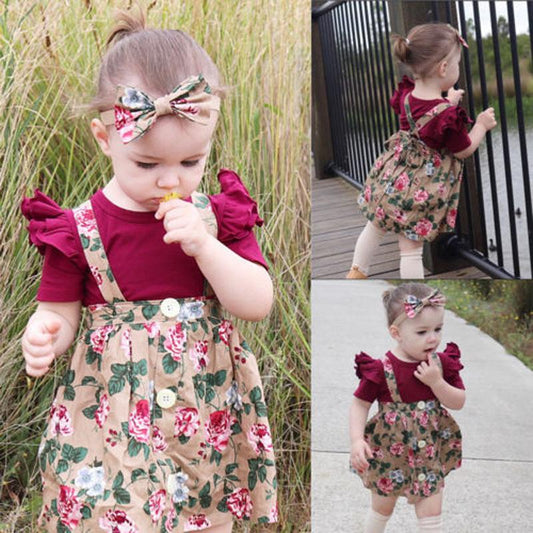 Fashion Baby 3-Piece Outfits Flutter Sleeve Bodysuit+Flower Skirt+Headband - dianjiang-