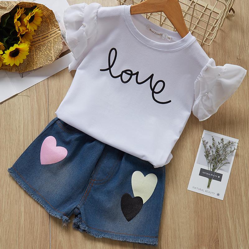 2-Piece Outfit Flutter Sleeve Beaded T-shirt+Love Heart Fringe Hem Short Jeans Little Girl Summer Clothes - dianjiang-