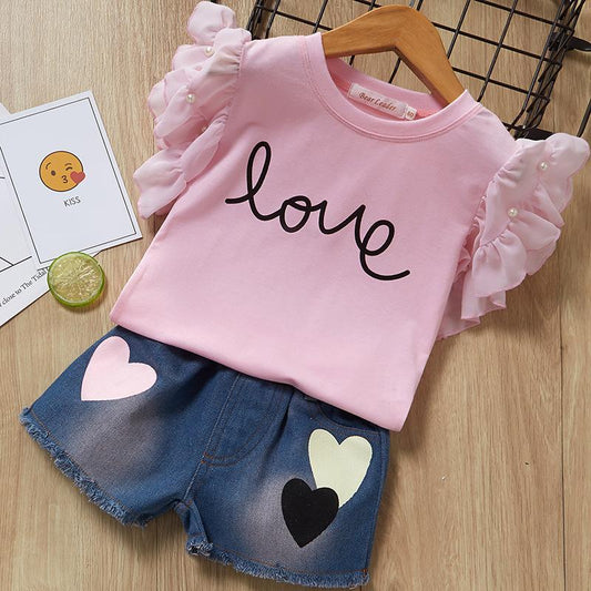 2-Piece Outfit Flutter Sleeve Beaded T-shirt+Love Heart Fringe Hem Short Jeans Little Girl Summer Clothes - dianjiang-