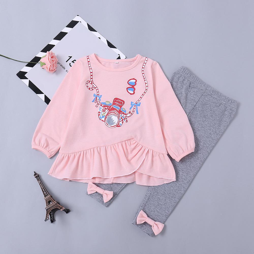 Baby Clothes Outfit Set Pink Camera Print Ruffled Dress and Bow Grey Leggings Pants - dianjiang-