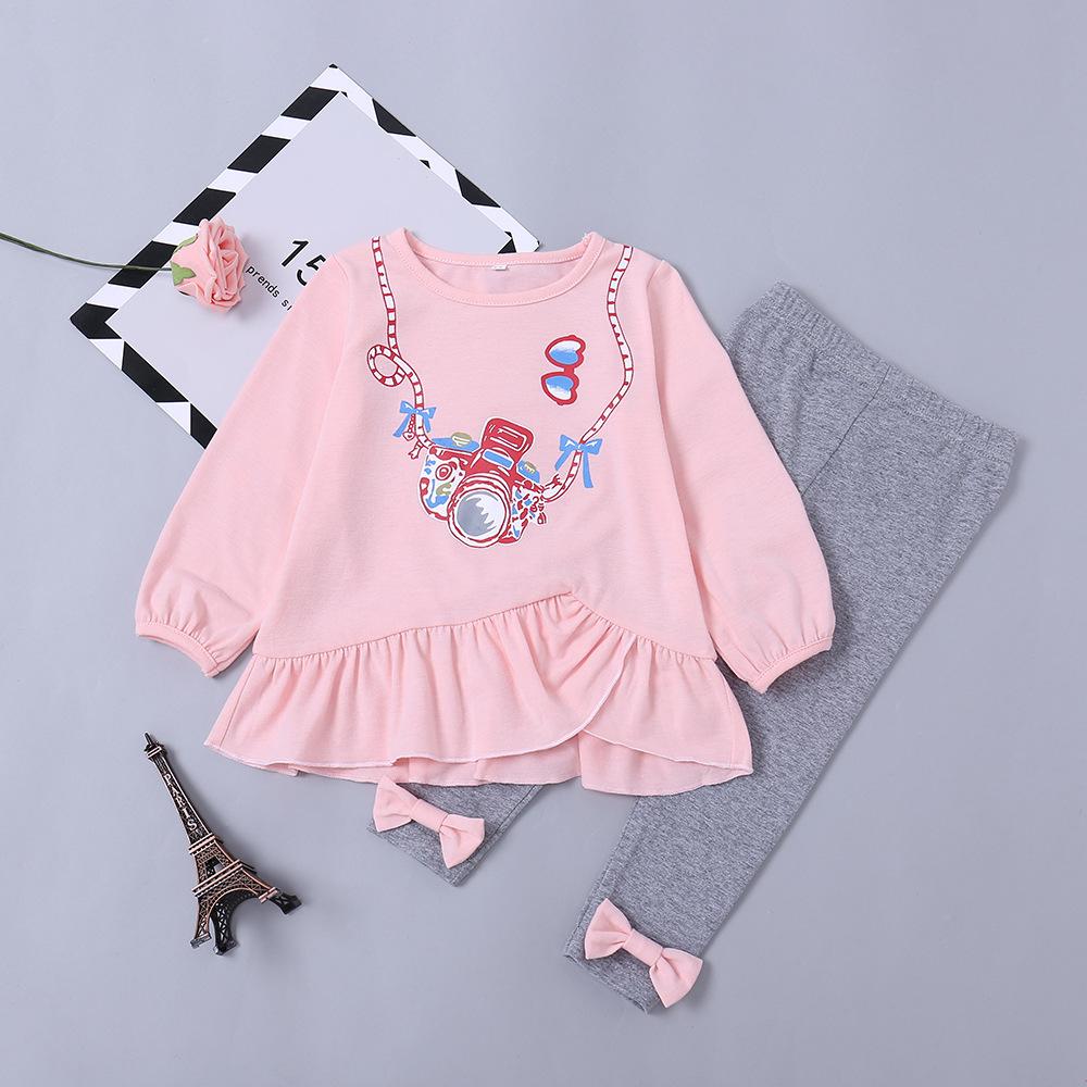 Baby Clothes Outfit Set Pink Camera Print Ruffled Dress and Bow Grey Leggings Pants - dianjiang-